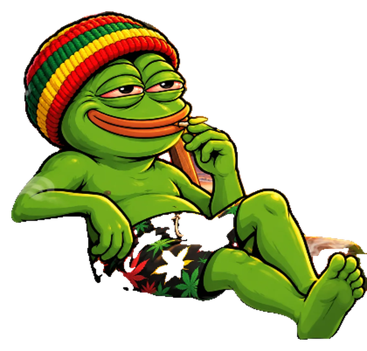 High Pepe reclining in a rasta beanie and leaf-print shorts