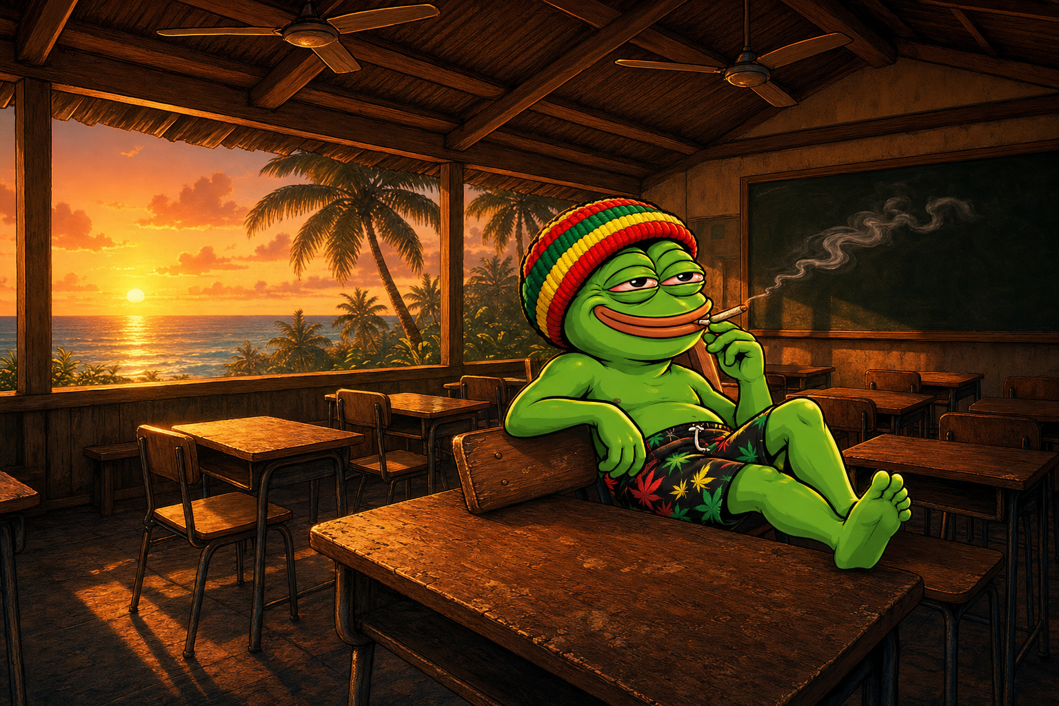 High Pepe reclined in an empty beach classroom, feet on the desk, sunset through the window